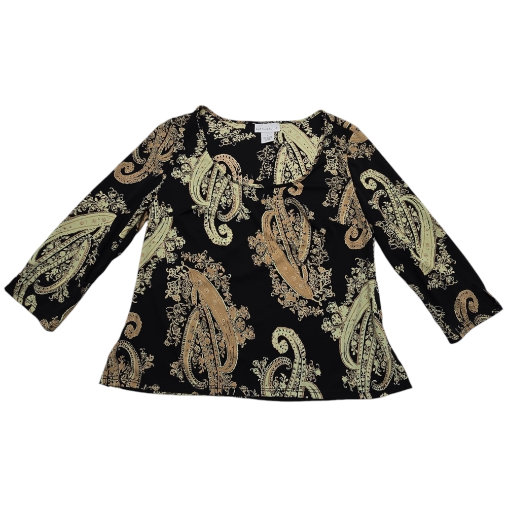 Black Pursuits Ltd Blouse Top Large Pale Yellow Cream Tan Paisley L 3/4 Sleeves - Picture 10 of 10